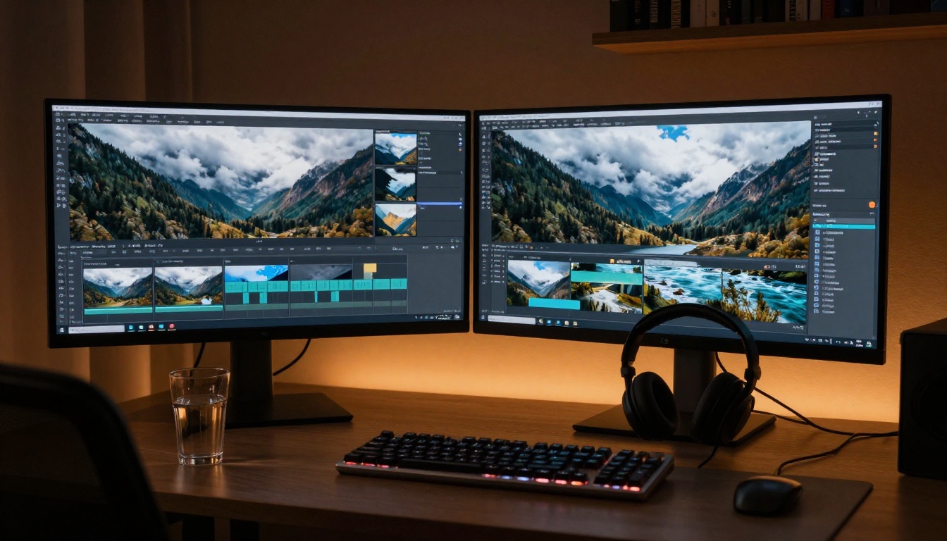 Video editor workspace at night with AI timeline software and dual monitors