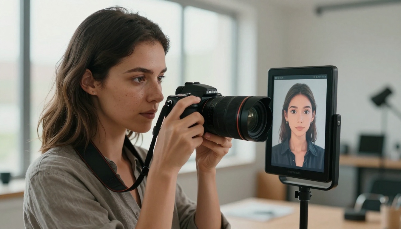 Portrait of confident woman photographer with camera reviewing image on screen near studio window
