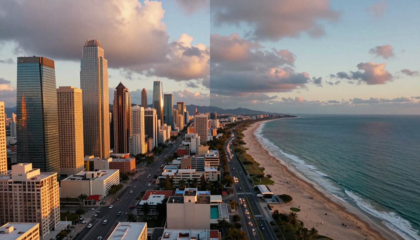 Aerial drone view of coastal city at golden hour split between still photo and animated video