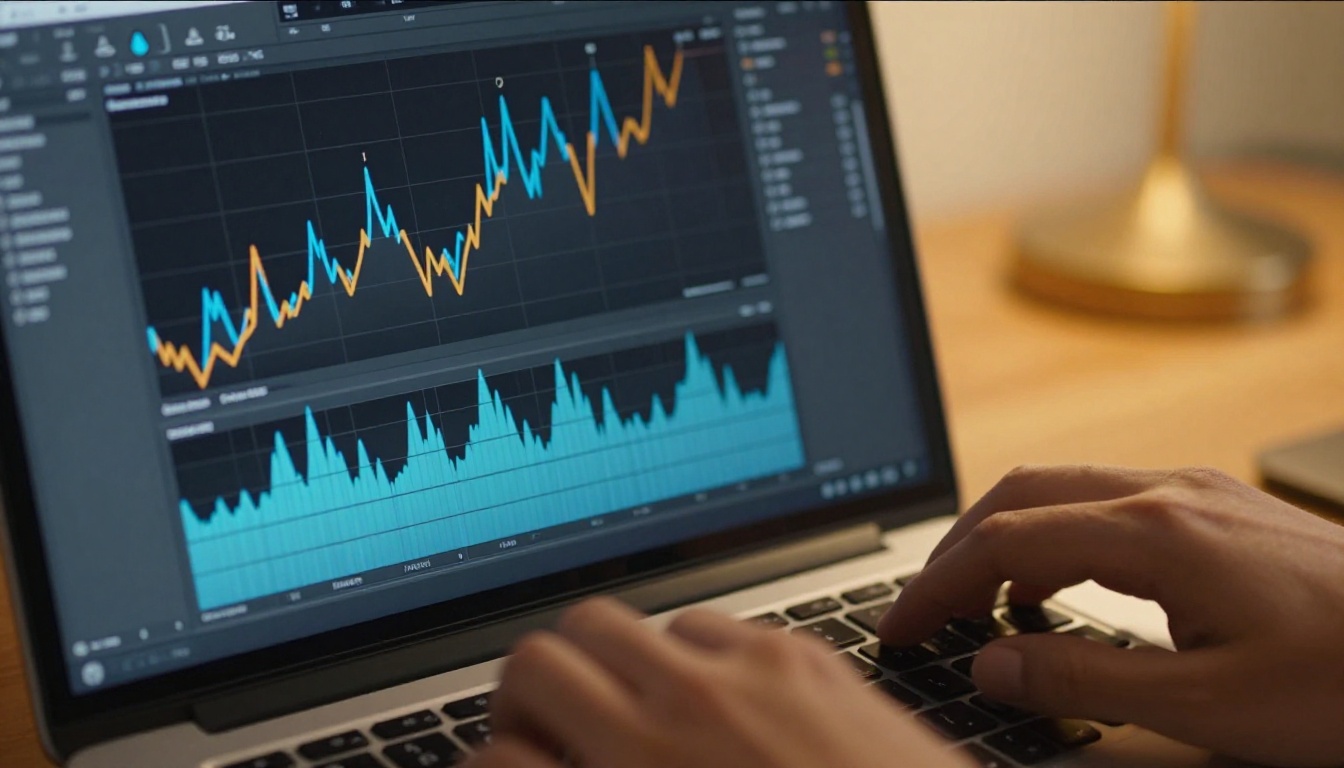 Audio waveform visualization on a professional laptop editing interface with hands mid-typing