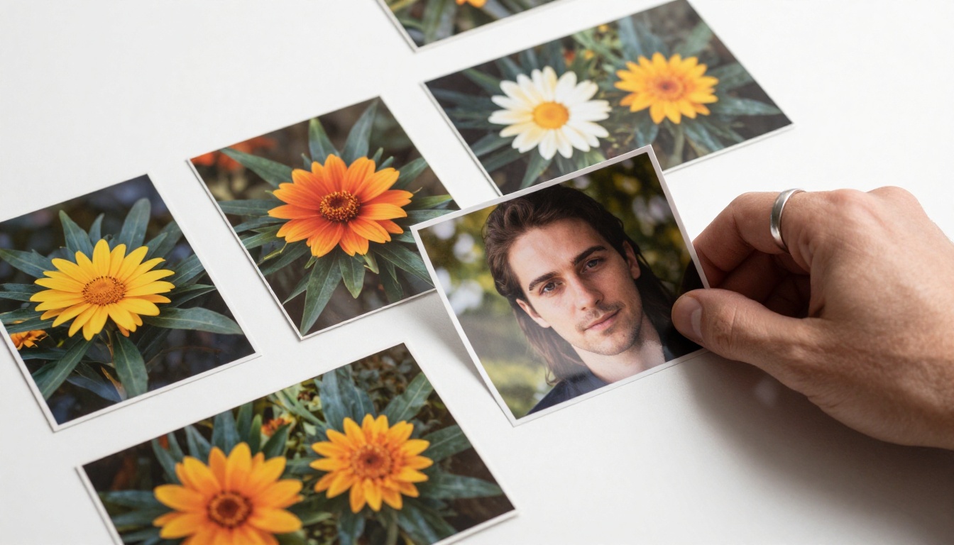 Series of printed still photographs laid flat on a light table in a professional photography studio