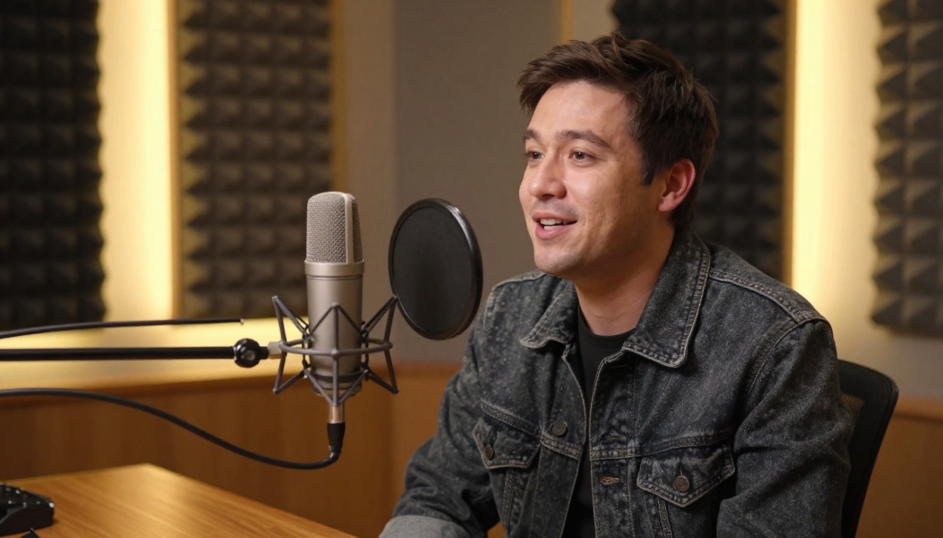 Male podcaster in a professional recording booth with condenser microphone and acoustic foam panels