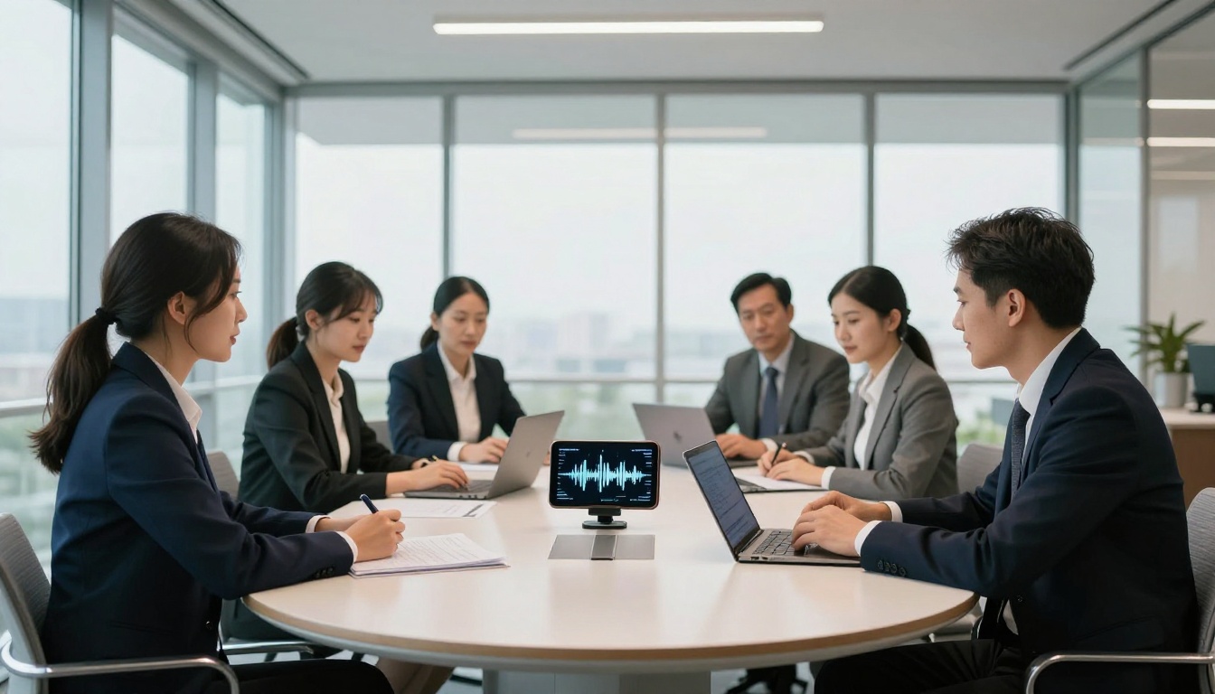 Four business professionals around a conference table with a smartphone recording audio in a glass-walled office