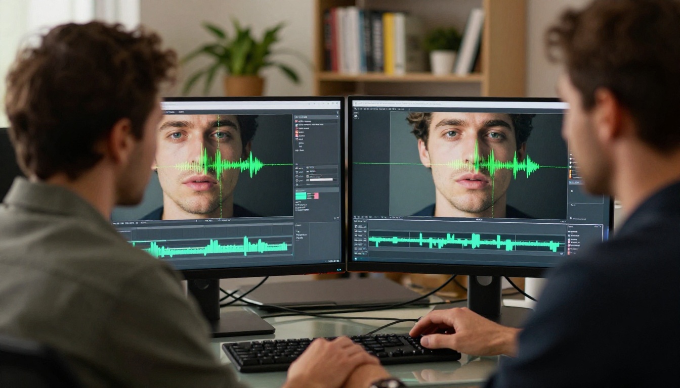 Video editor reviewing lipsync frame tracking overlays on dual monitors in a warm-lit studio