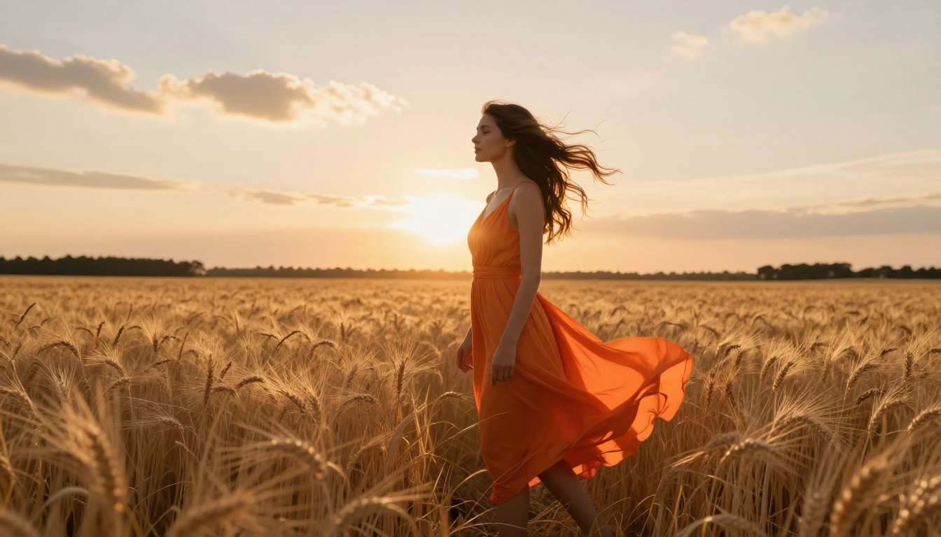 Beautiful woman in flowing orange sundress on windswept wheat field at magic hour