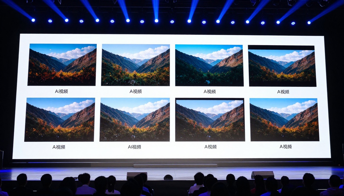 Tech conference auditorium showing AI video model comparison grid on large presentation screen