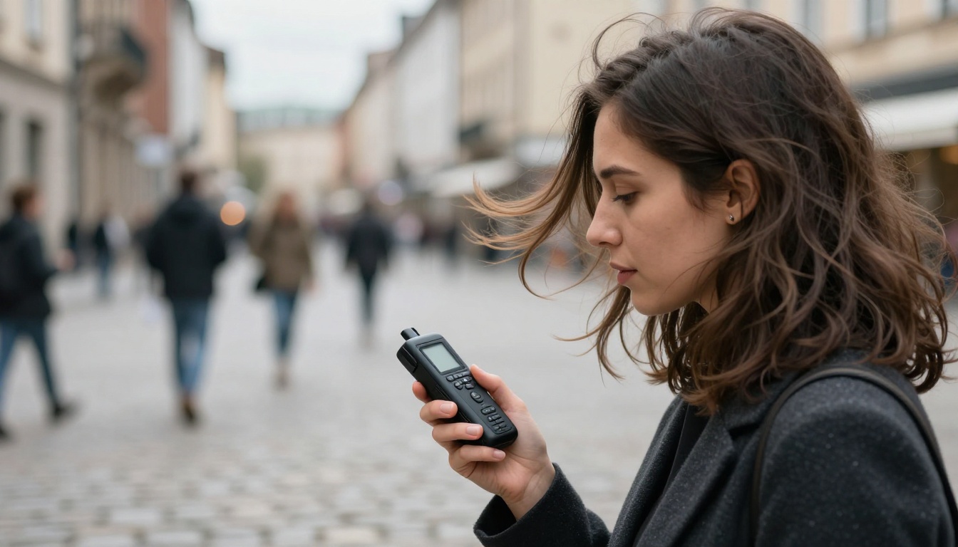Journalist holding a recorder toward an interviewee in an outdoor urban setting with cobblestone background