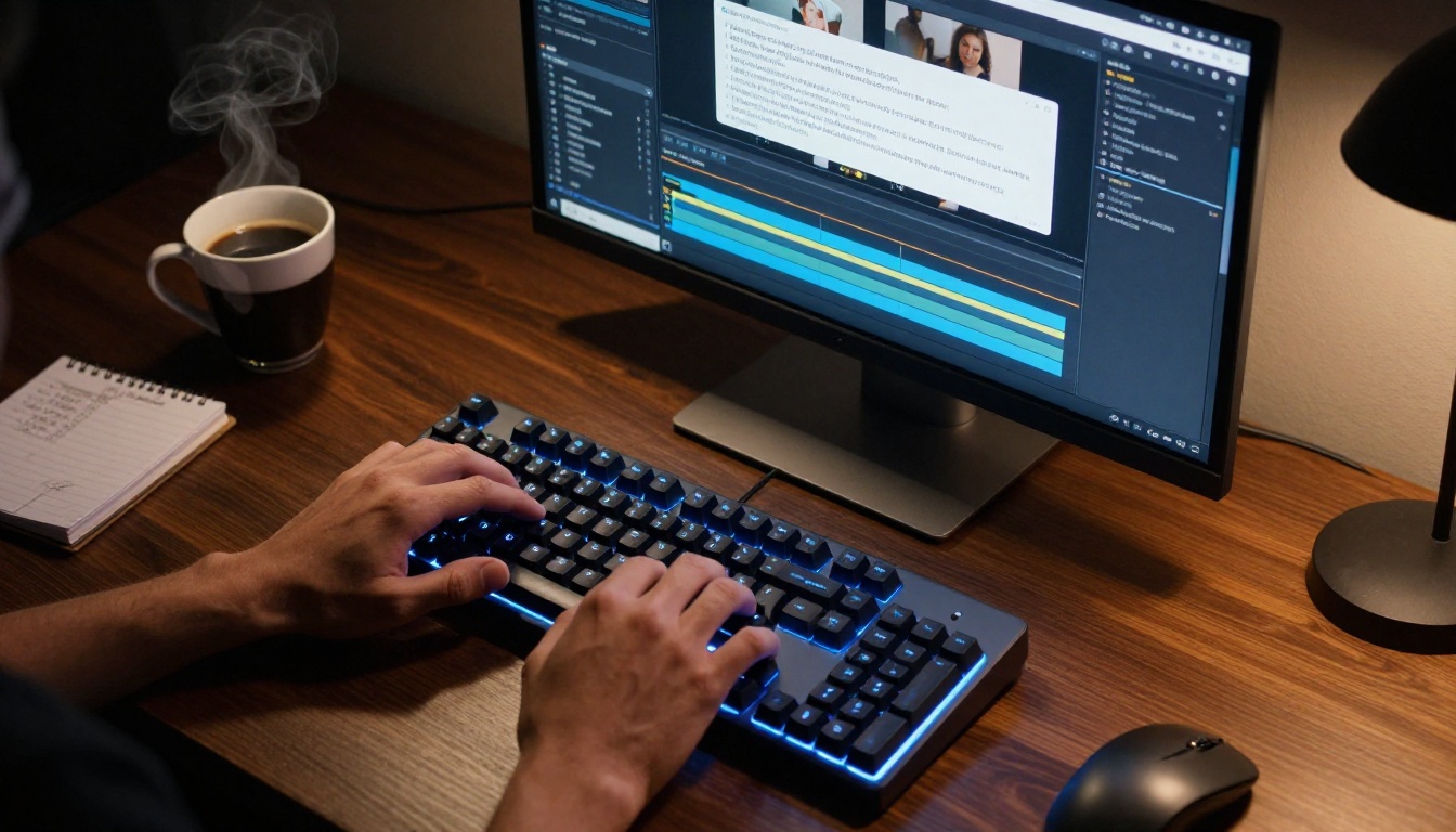 AI video editing workflow with text prompts on a desktop keyboard setup