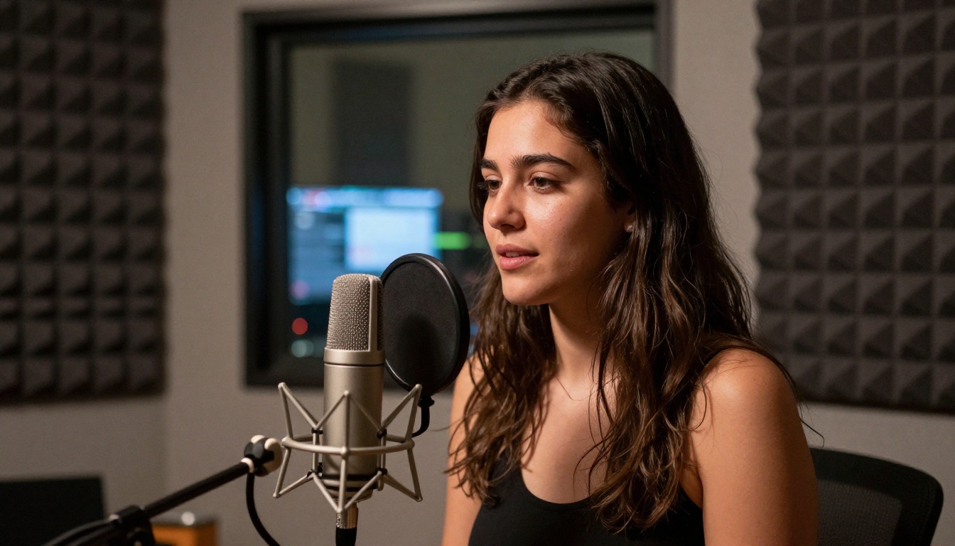 Young Latin woman speaking into a professional condenser microphone inside a home recording booth with warm tungsten lighting
