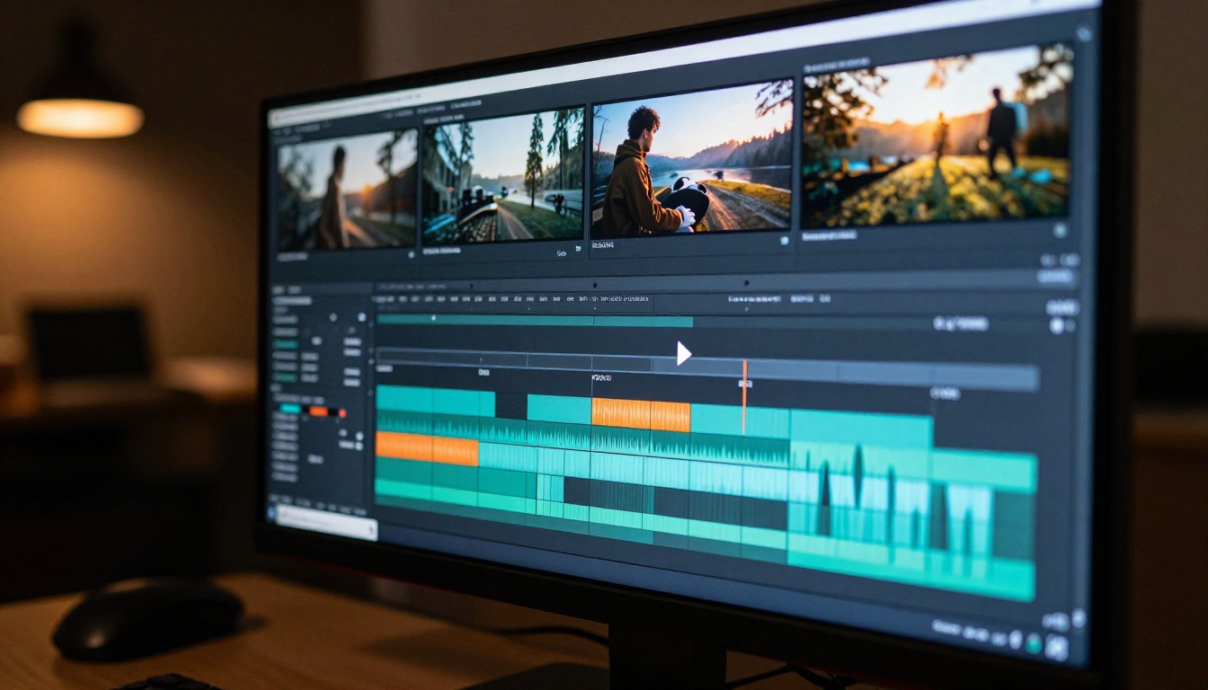 Professional video editing timeline on a high-resolution monitor