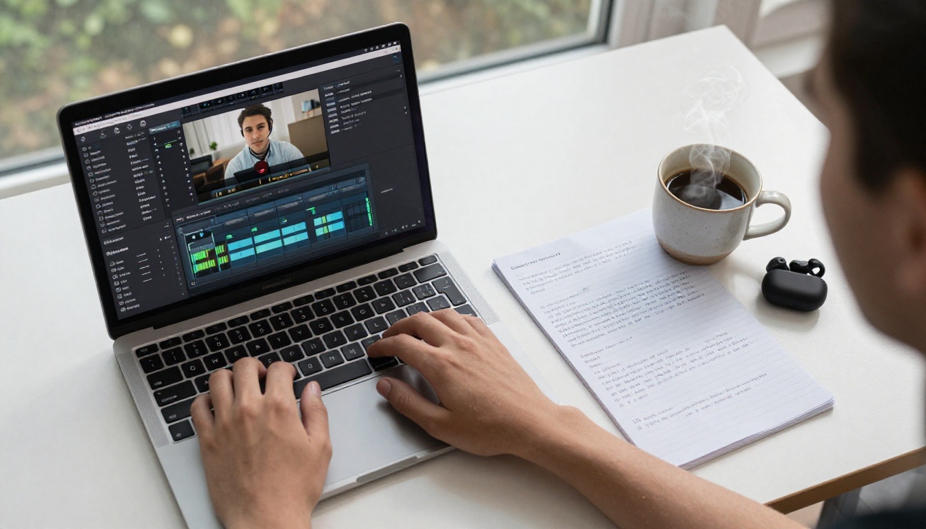 Aerial top-down view of a modern desk with laptop showing multilingual dubbing interface, script notes, and coffee cup in natural daylight
