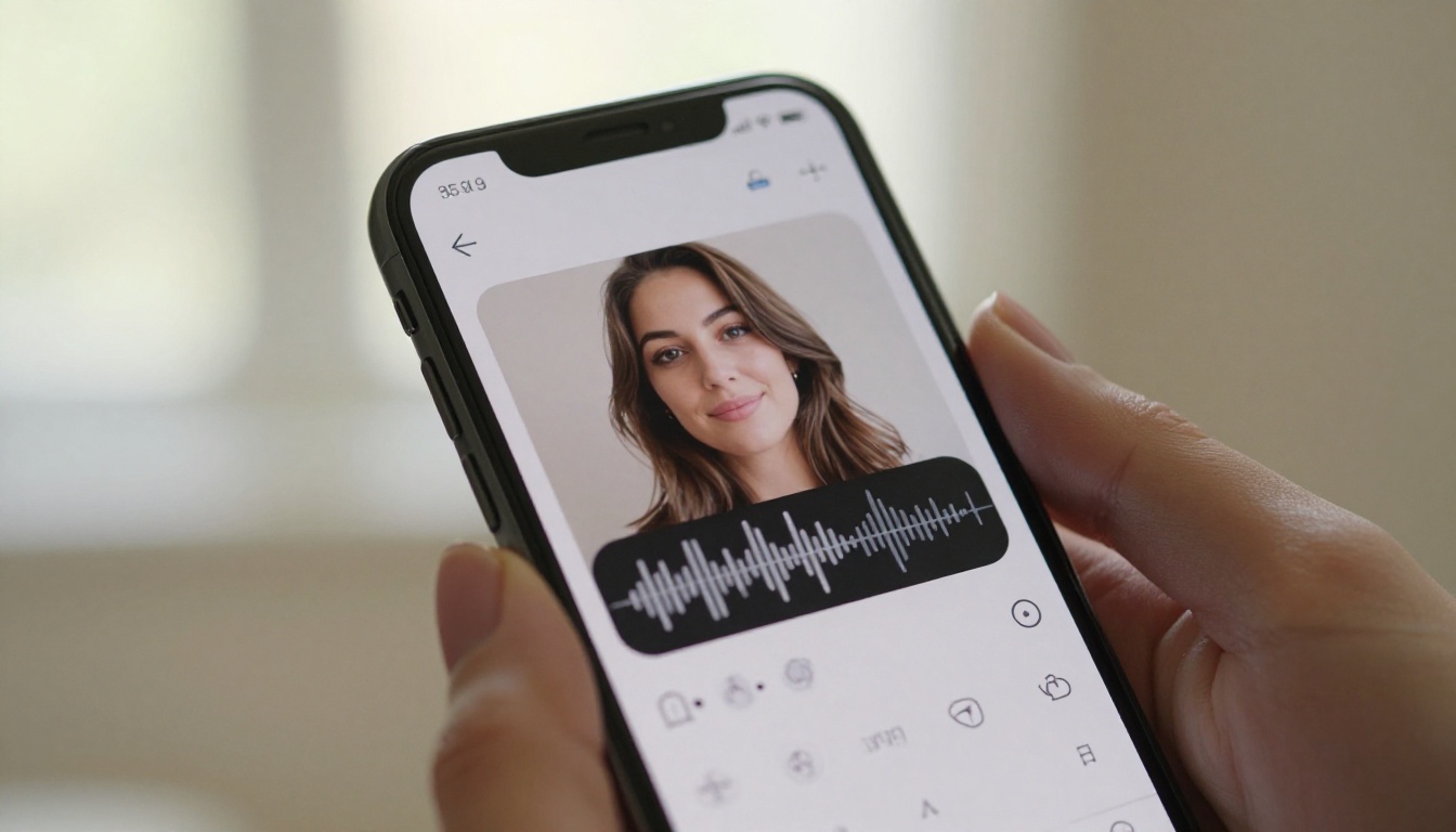Female hands holding smartphone showing AI dubbing app interface with video preview and audio waveform in soft natural light