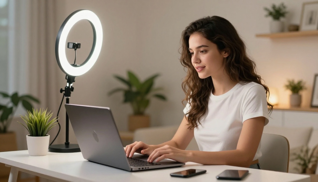 Young woman content creator at modern white desk with AI video generation open on laptop