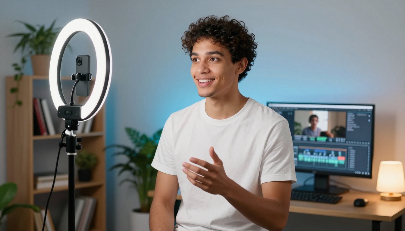Content creator filming in a home studio setup