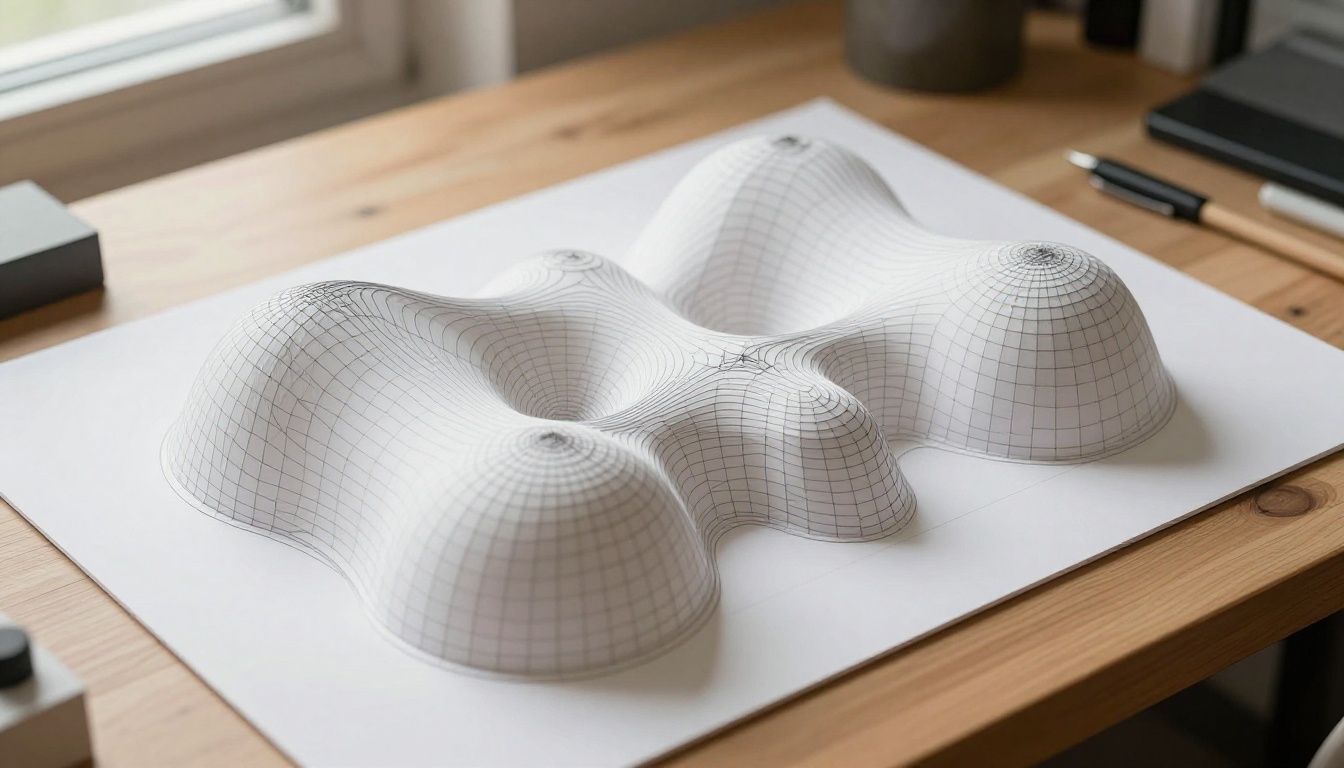 Close-up of 3D wireframe mesh model on drafting table