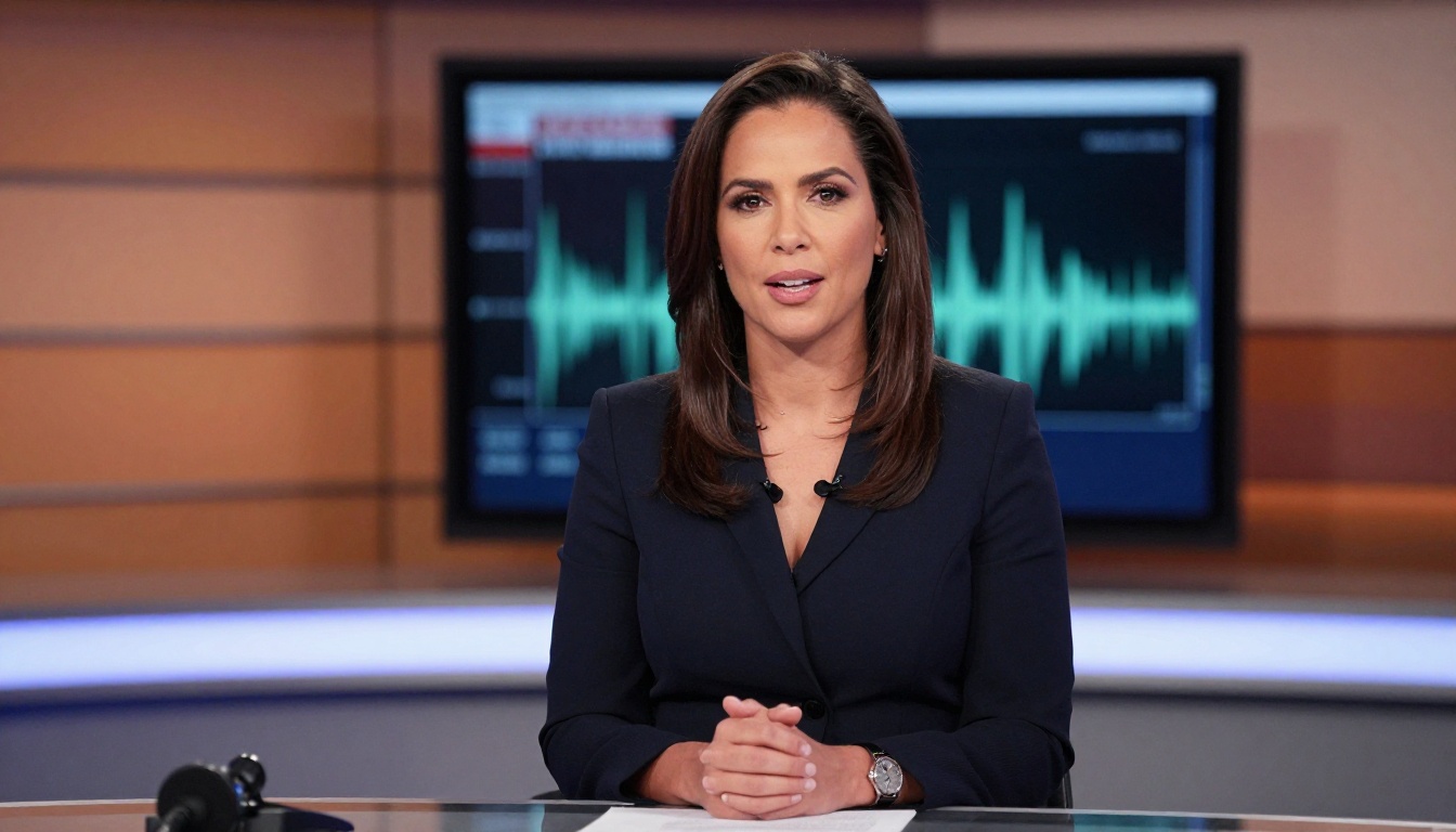 Professional female broadcaster at a news desk with confident expression, studio three-point lighting, and monitor showing audio waveforms behind