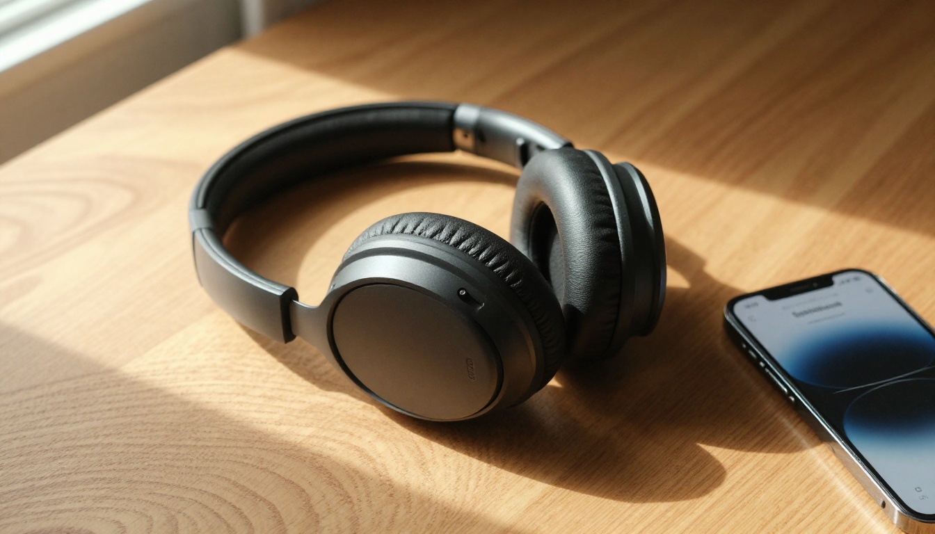 Premium over-ear headphones resting on an oak desk beside a smartphone showing a transcription waveform interface