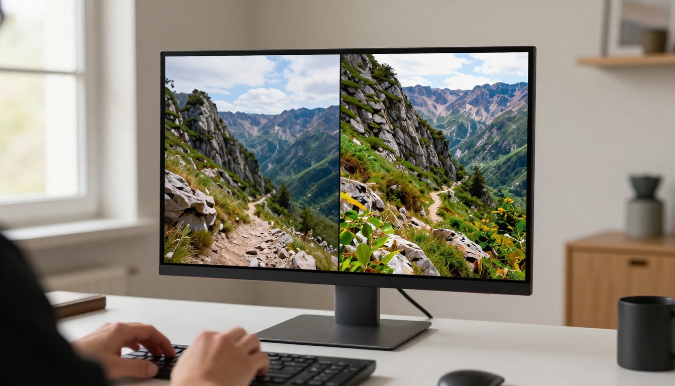 Before and after video upscaling comparison on a studio monitor