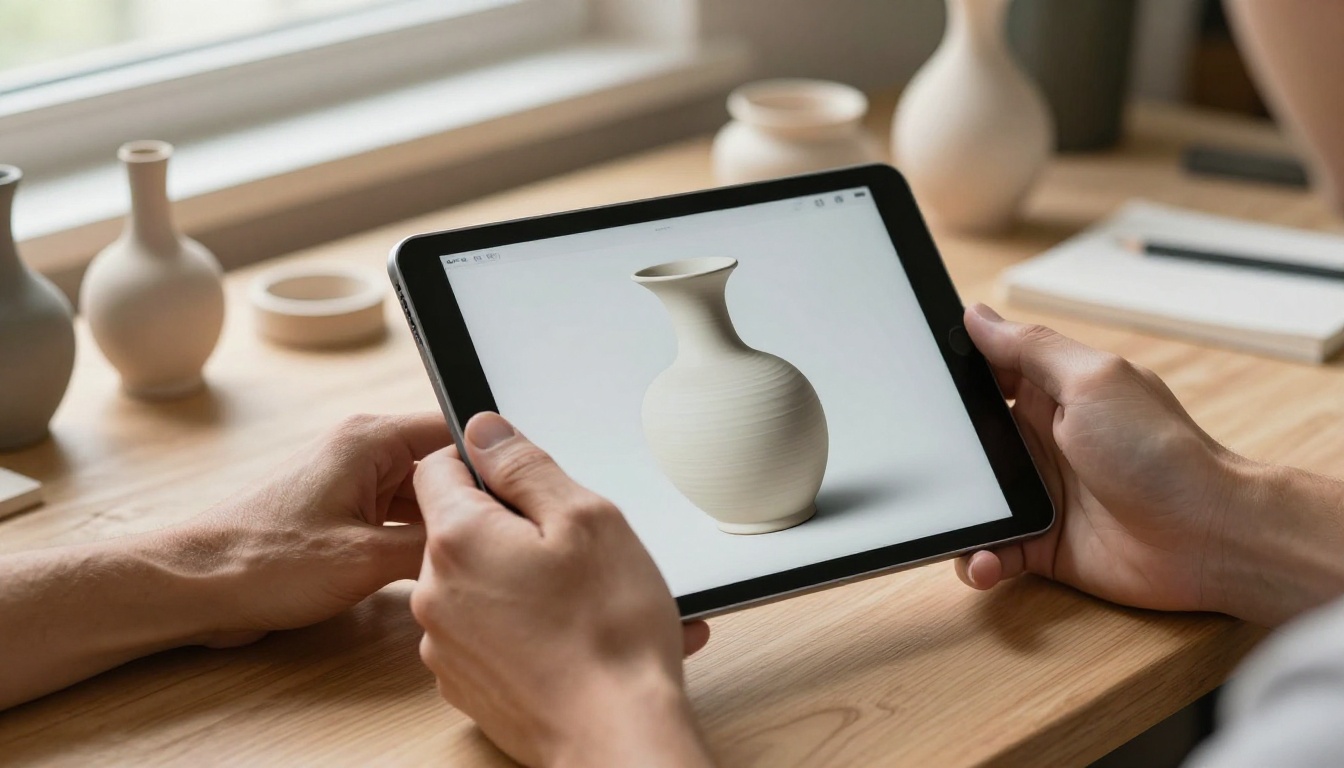 Product designer holding tablet with 3D object scan