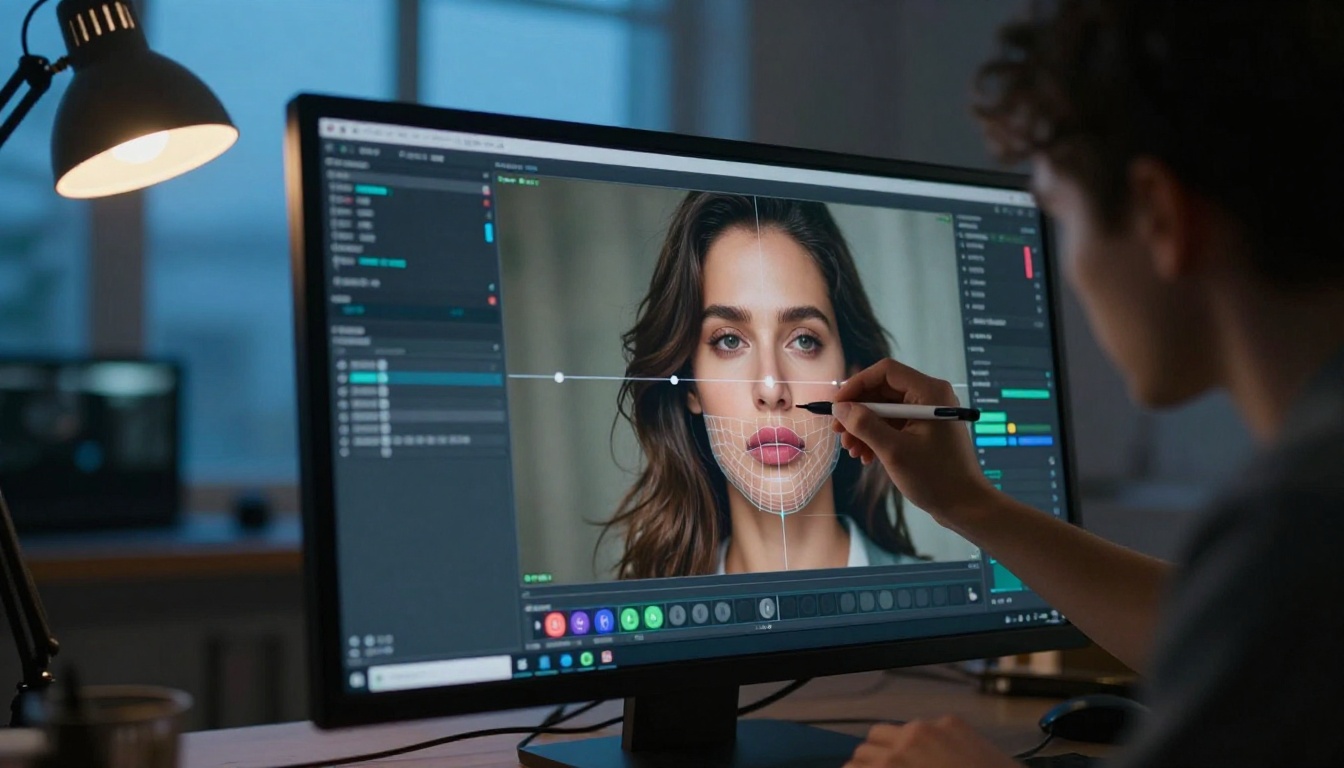 Content creator using stylus on touchscreen to mark lipsync timing points, warm desk lamp on left and cool window light on right