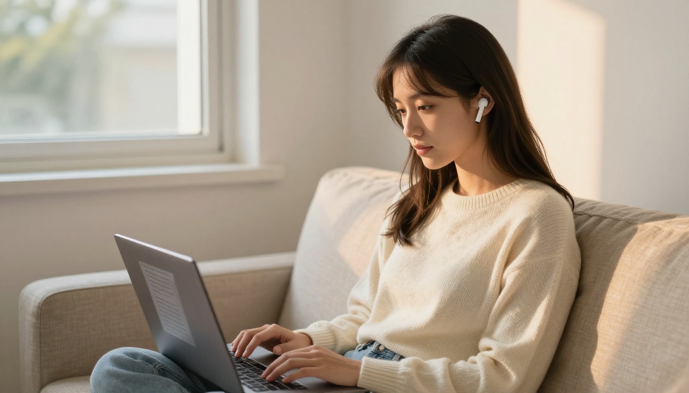 Young woman sitting on a linen sofa with laptop open and wireless earbuds in golden morning sunlight