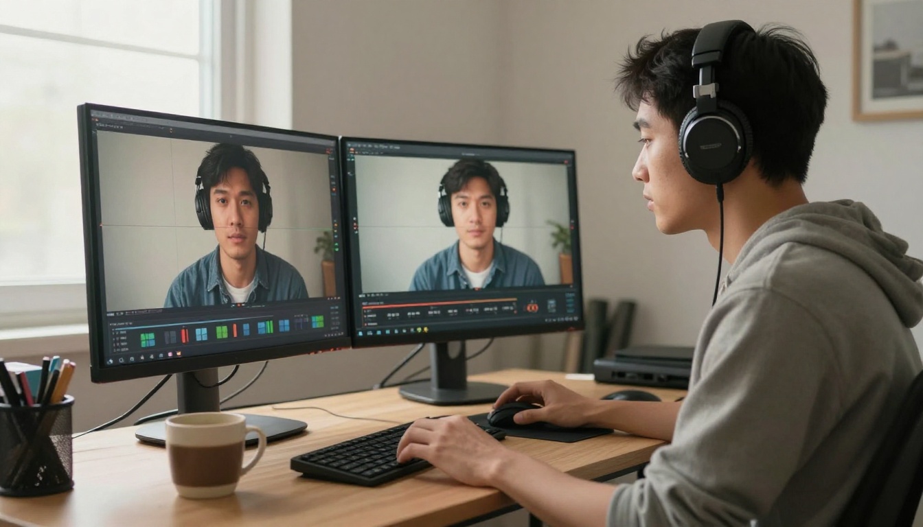 Young Asian man with headphones at standing desk reviewing split-screen before and after lipsync comparison on widescreen monitor in morning light