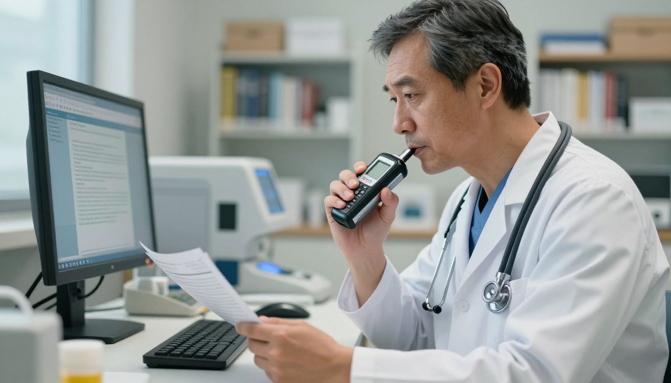 Male physician in white lab coat holding a voice recorder while reviewing patient charts on a clinical monitor