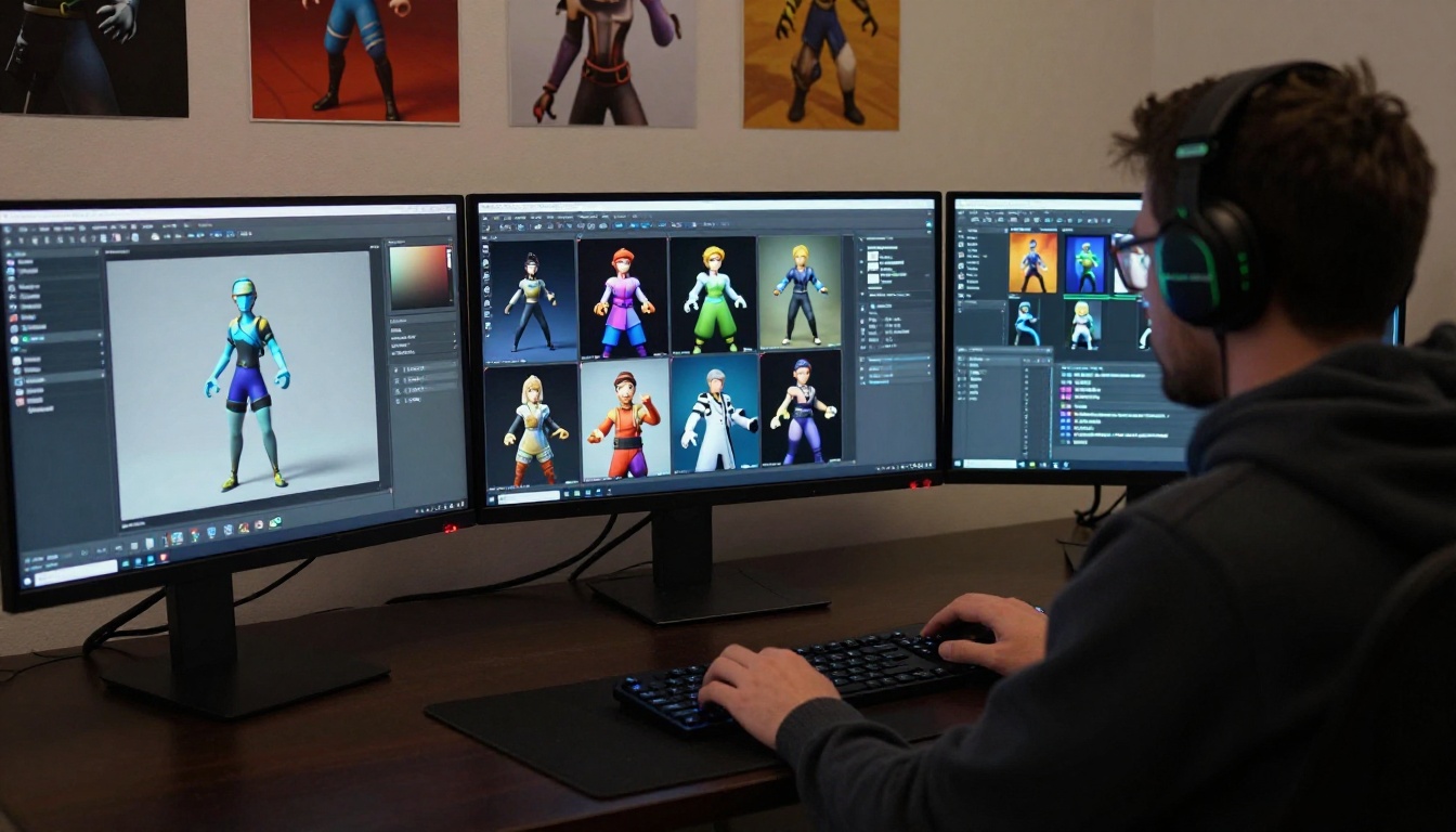 Game developer at triple-monitor 3D character modeling station
