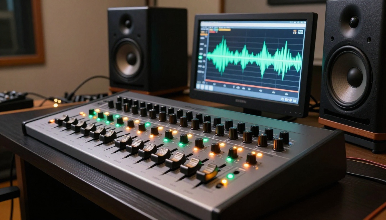 Professional audio interface with waveform display for video sound design