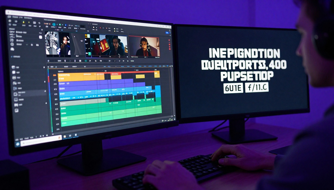 Video editor at dual-monitor workstation with subtitle caption tracks visible and monitor glow lighting the room