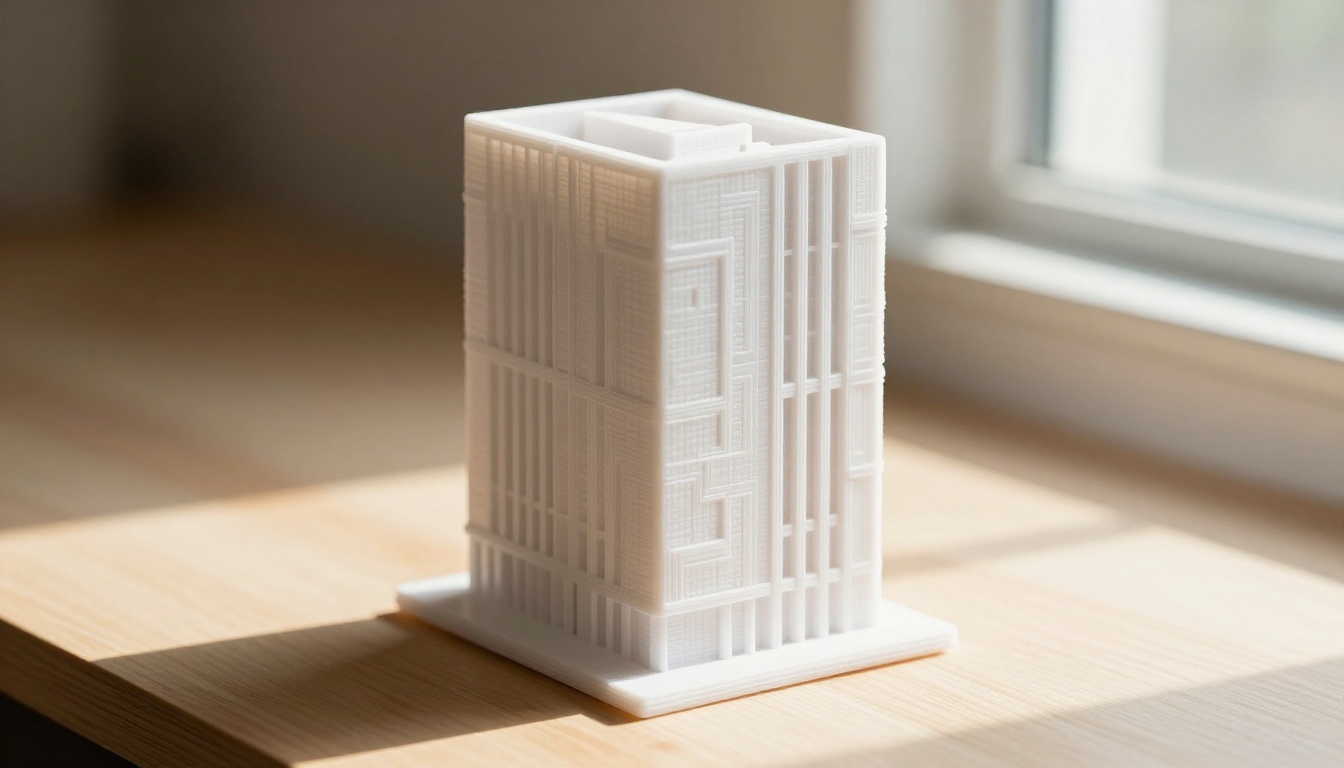 Close-up of 3D printed architectural model with geometric light shadows