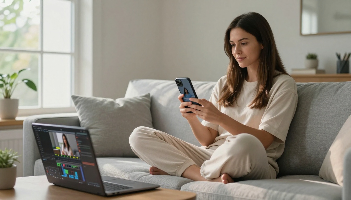 Content creator editing video on phone and laptop from a living room