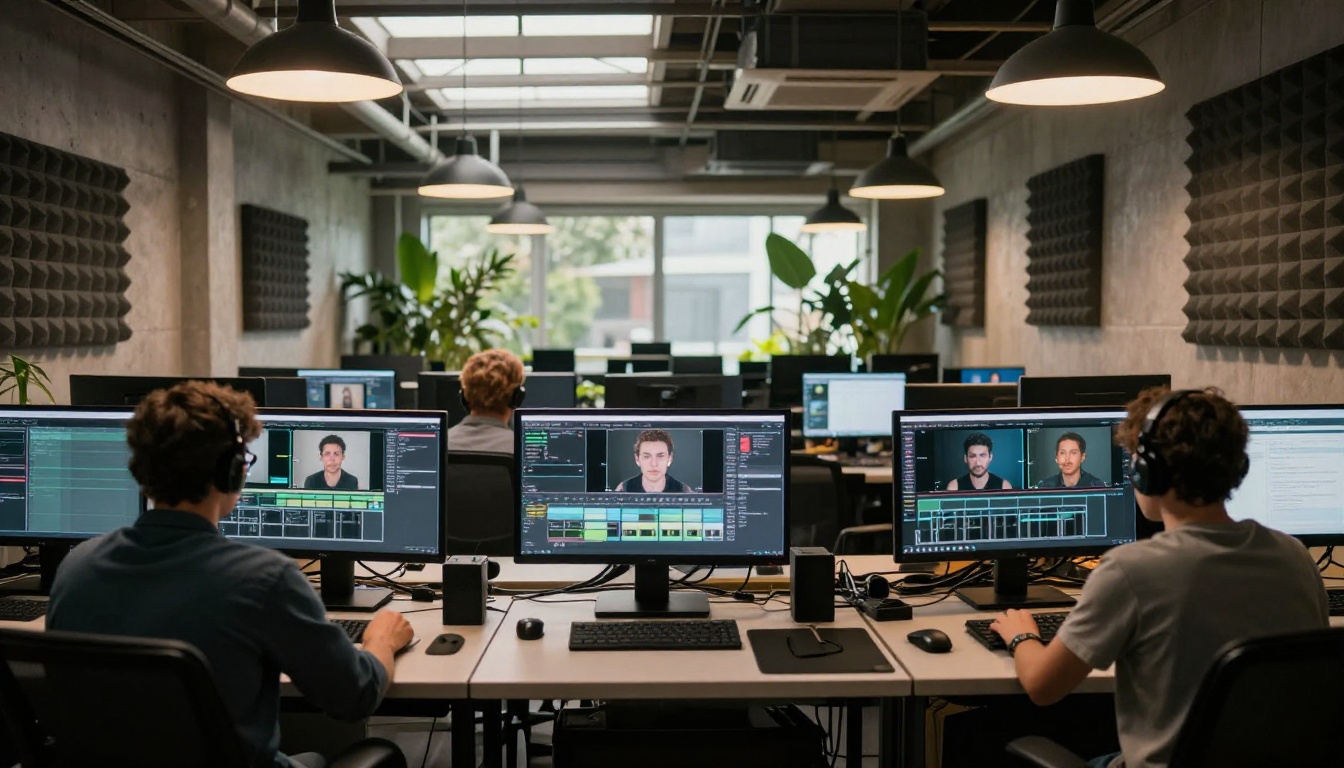 Wide-angle interior of a modern video production studio with three professionals at dubbing workstations under warm pendant lights and natural skylight
