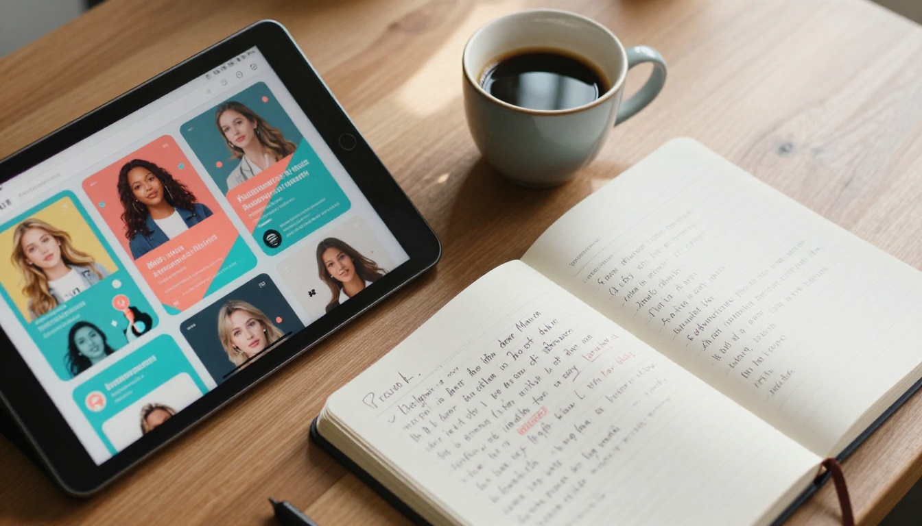 AI marketing workspace flat-lay with tablet and notes
