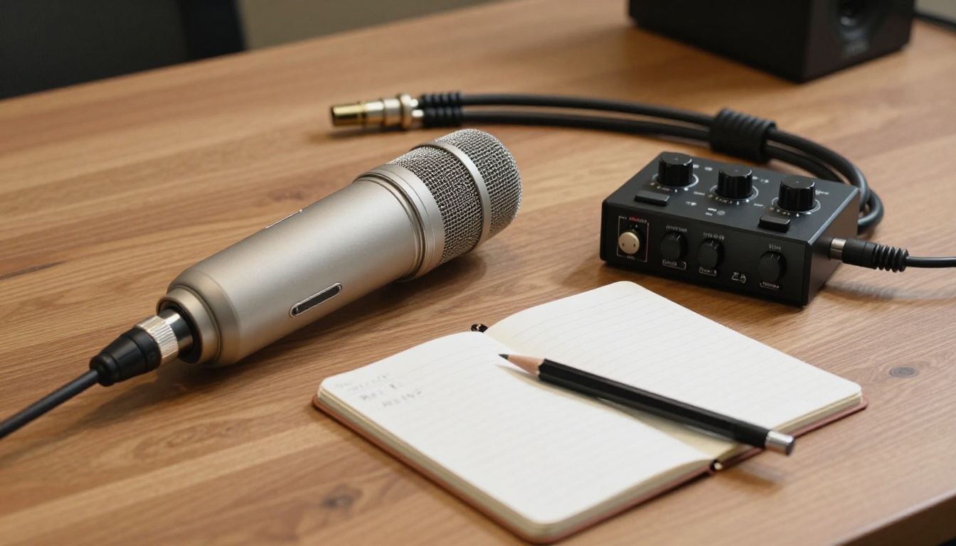 Audio recording equipment flat-lay with microphone, XLR cable, audio interface, and notebook on walnut surface