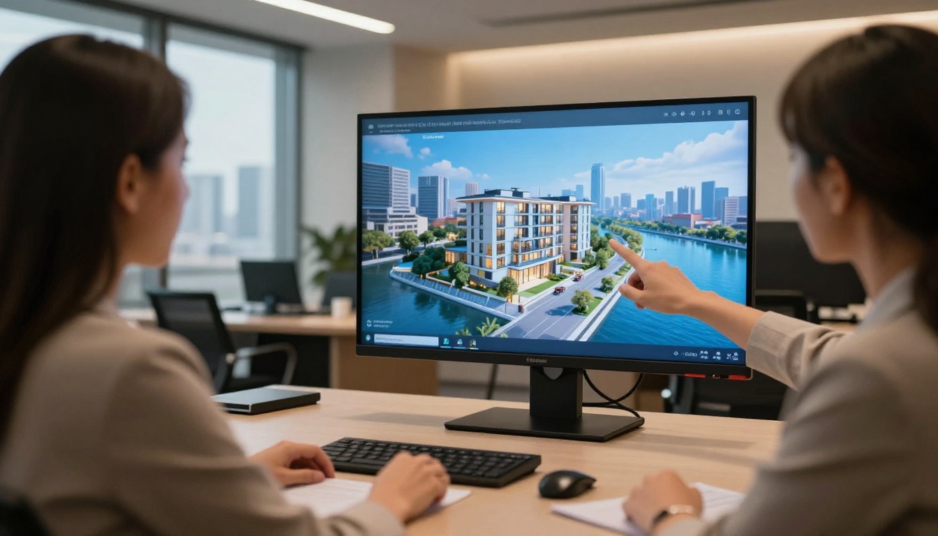 Interior design professional reviewing 3D walkthrough on touchscreen table
