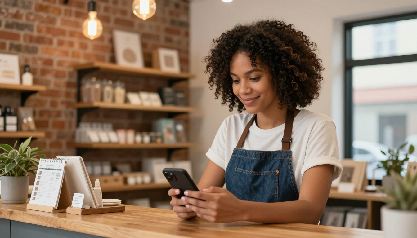Boutique shop owner reviewing AI content calendar on phone