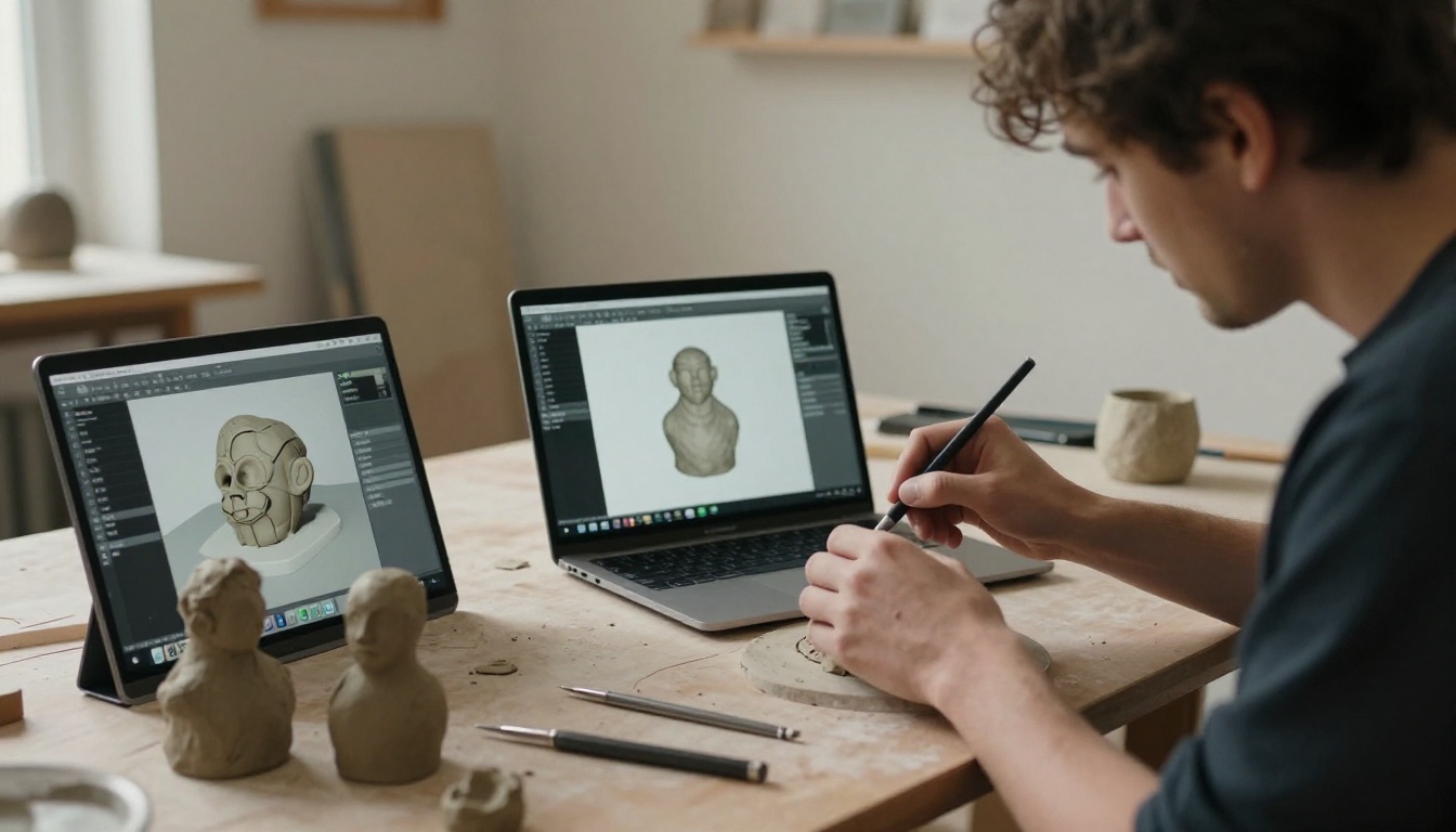 Sculptor studio contrasting traditional clay models with digital 3D workflow