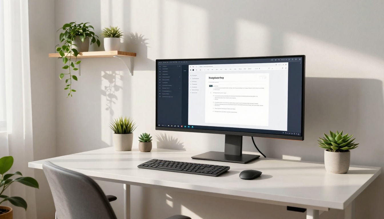 Bright home office with AI copywriting interface on monitor