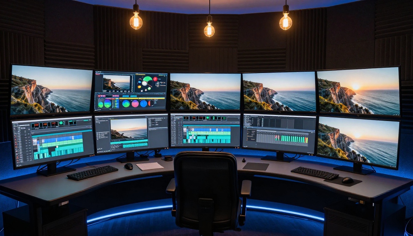Professional multi-monitor video editing suite with cinematic footage