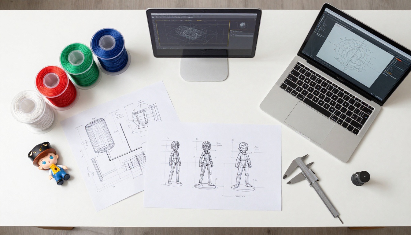 Designer desk overhead flat-lay with filament spools, figurine, and 3D mesh laptop