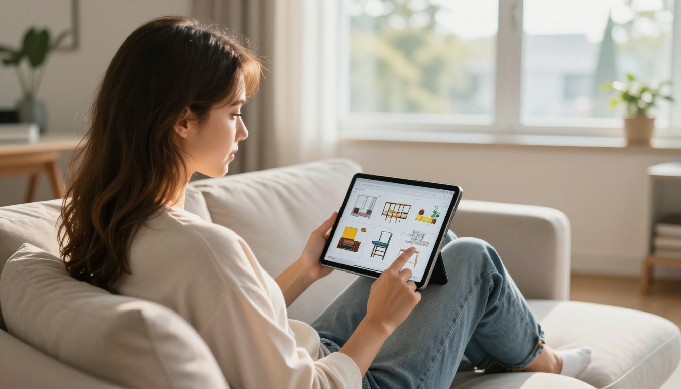 Woman using tablet to design 3D models at home in natural morning light