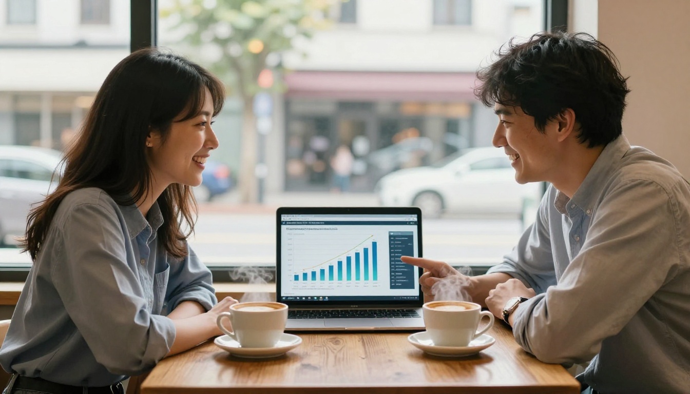 Two small business co-founders reviewing AI marketing results at cafe