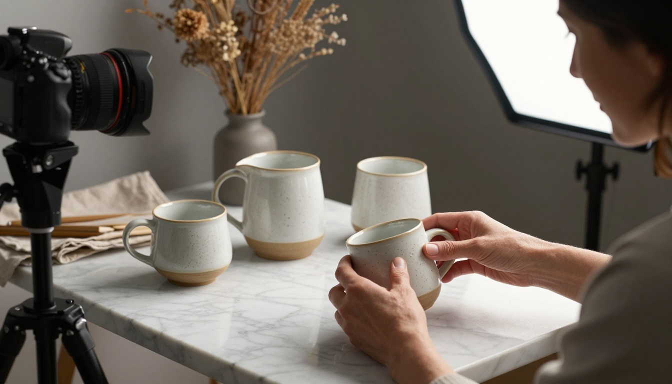 Product photographer arranging ceramics for AI-assisted marketing shoot