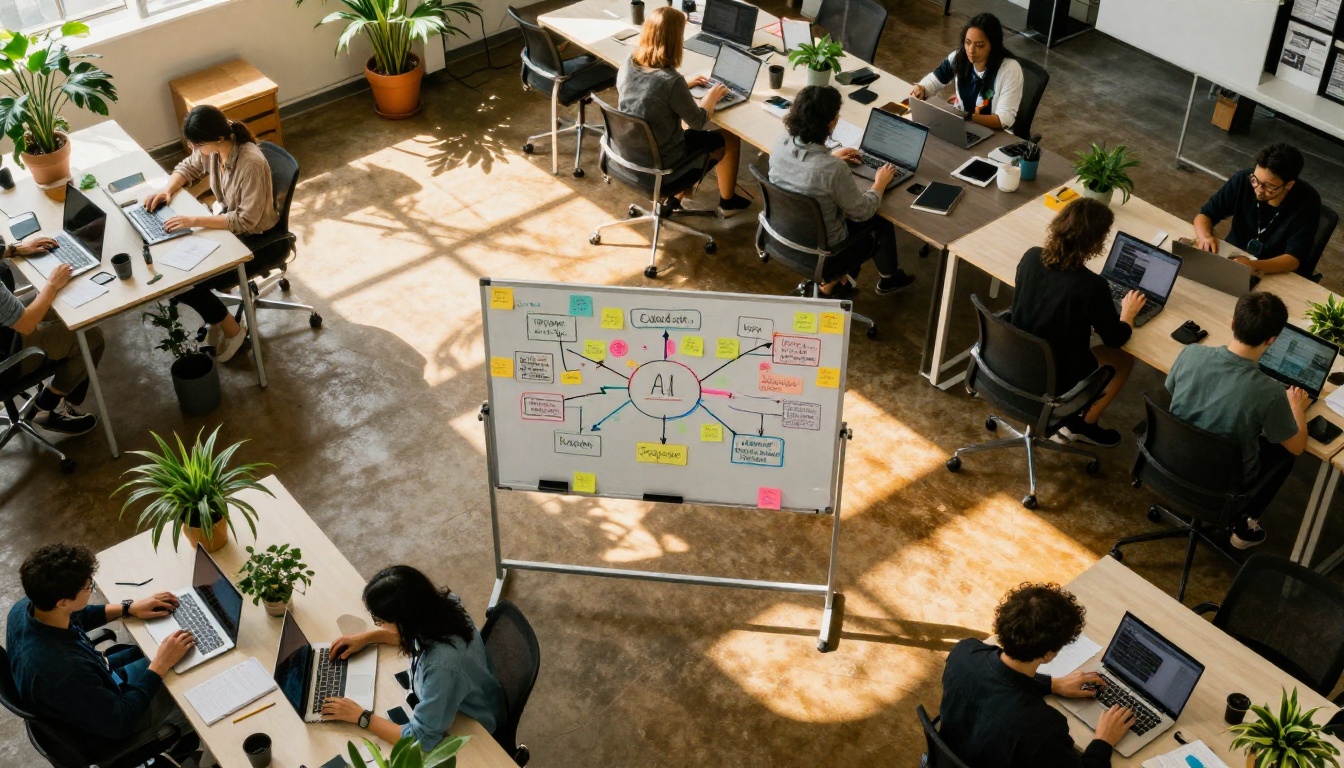 Aerial view of small business owners collaborating in co-working space