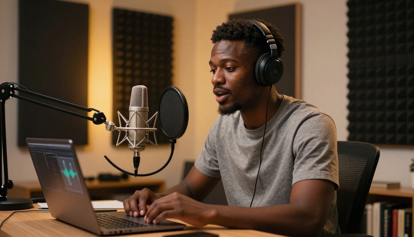 Small business owner recording podcast with AI audio tools