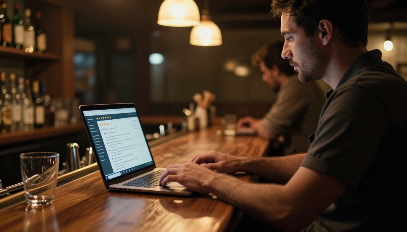 Restaurant owner reviewing AI customer feedback at bar counter