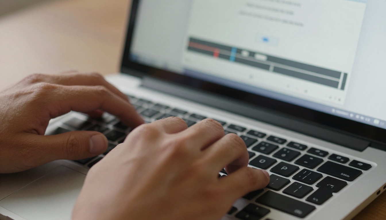 Hands typing on laptop keyboard showing an AI image-to-video tool interface