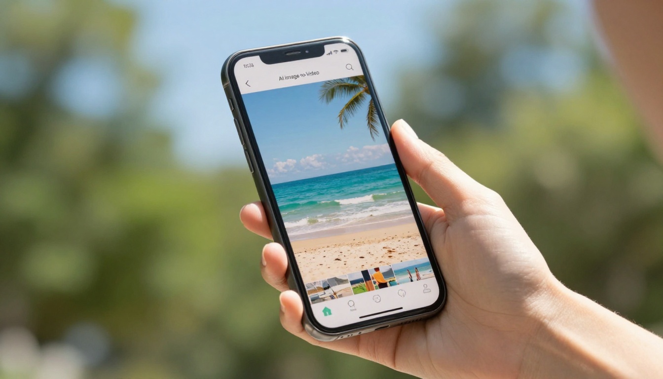Woman outdoors using a smartphone app for free AI image-to-video conversion