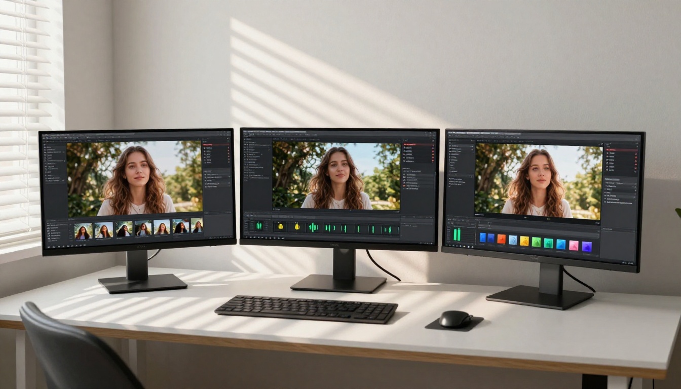 AI image-to-video workflow on three monitors in a home office setup